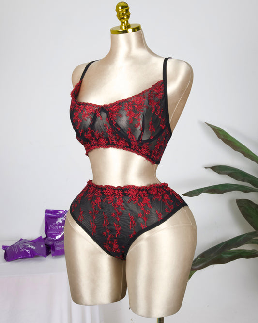Floral Embroidered Lingerie Set - Red in Black