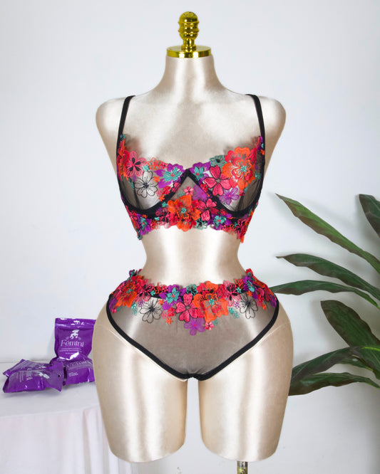 Floral Embroidered Lingerie Set - Colorful Black