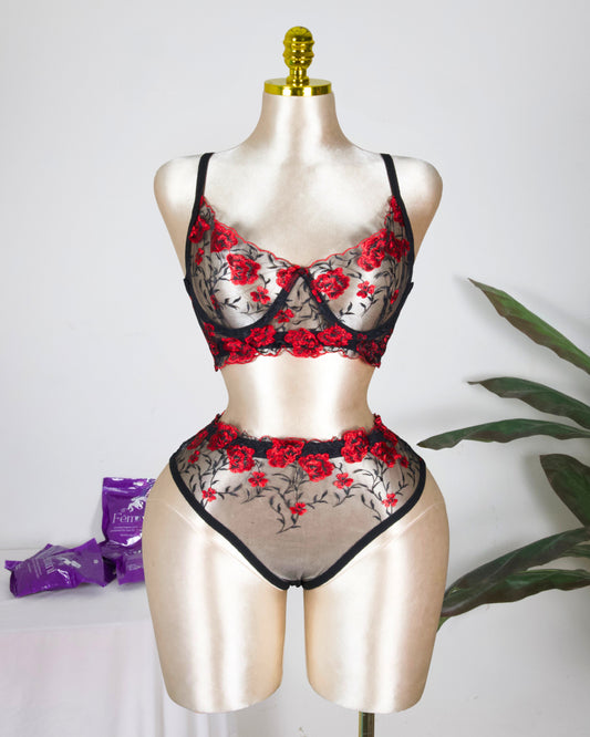 Floral Embroidered Lingerie Set - Black in Red