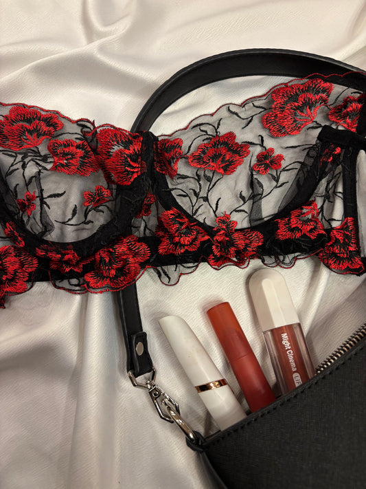 Floral Embroidered Lingerie Set - Black in Red