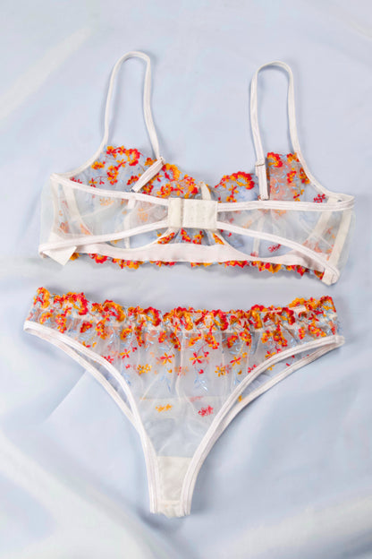 Floral Embroidered Mesh Lingerie Set