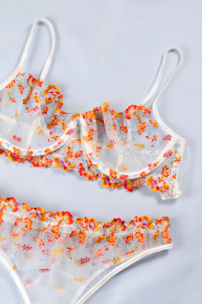 Floral Embroidered Mesh Lingerie Set