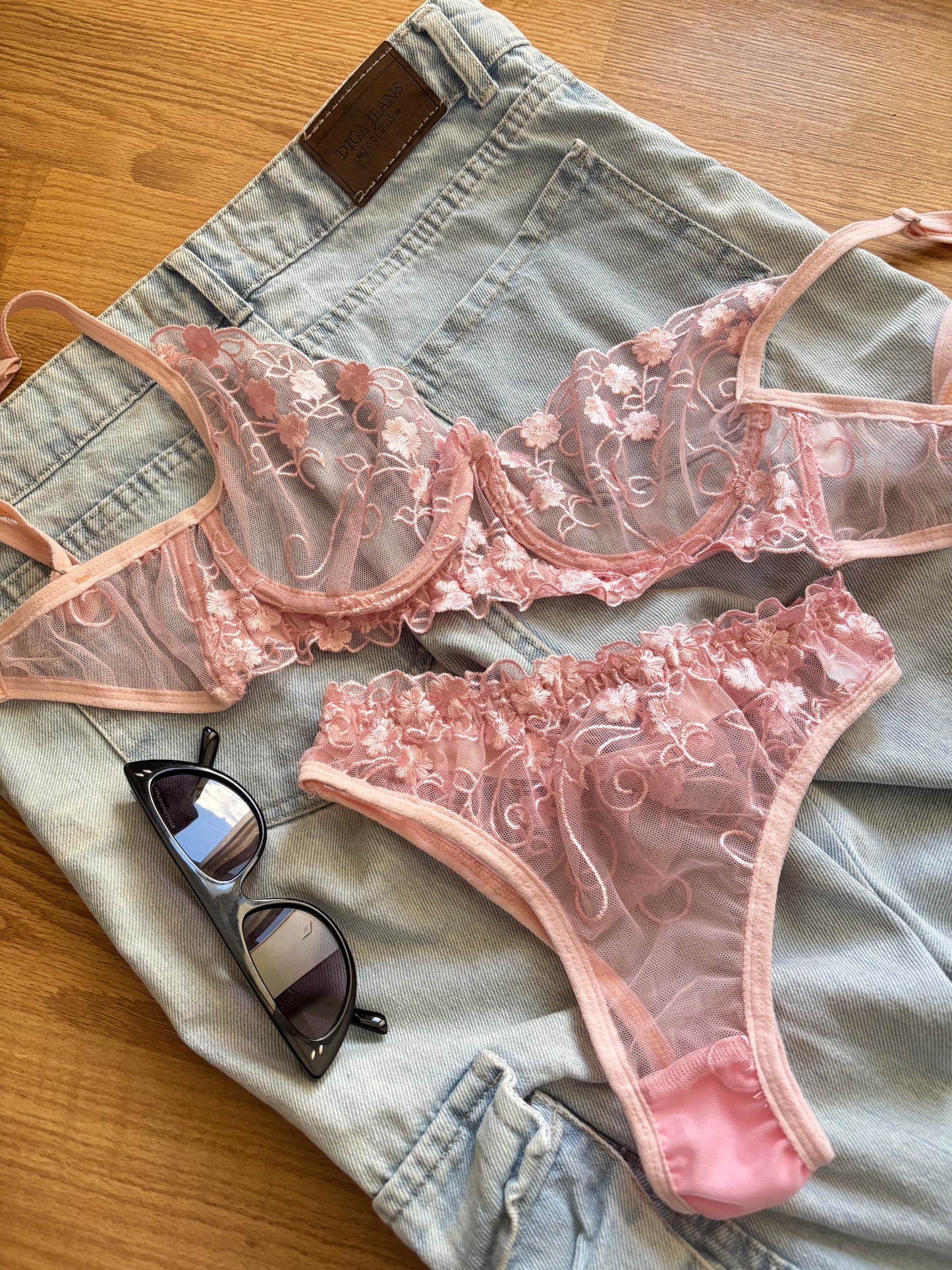 Floral Embroidered Lingerie Set - Powder Pink