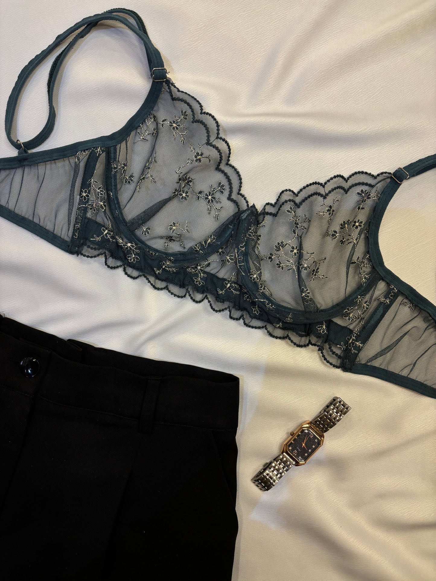 Floral Embroidered Lingerie Set - Olive