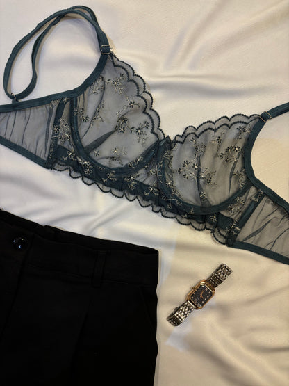 Floral Embroidered Lingerie Set - Olive