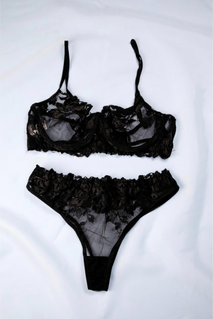 Floral Embroidered Mesh Lingerie Set