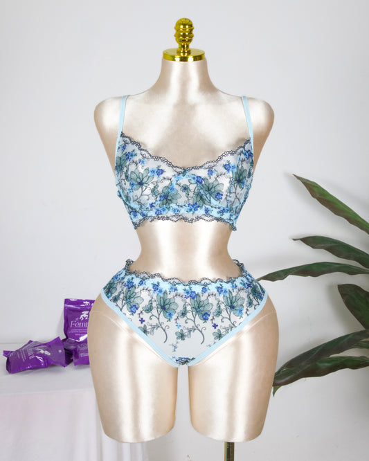 Floral Embroidered Lingerie Set - Powder Blue