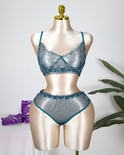 Floral Embroidered Lingerie Set - Olive