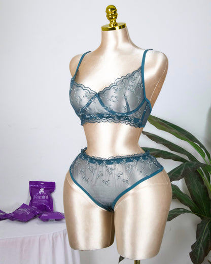 Floral Embroidered Lingerie Set - Olive