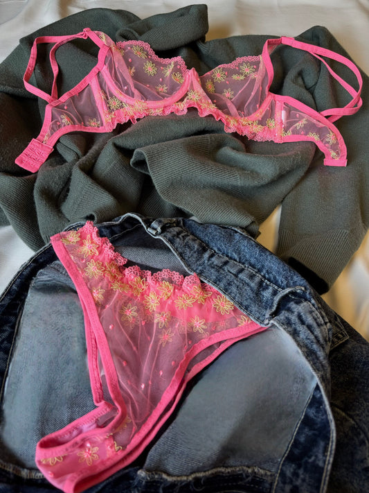 Floral Embroidered Lingerie Set - Rose