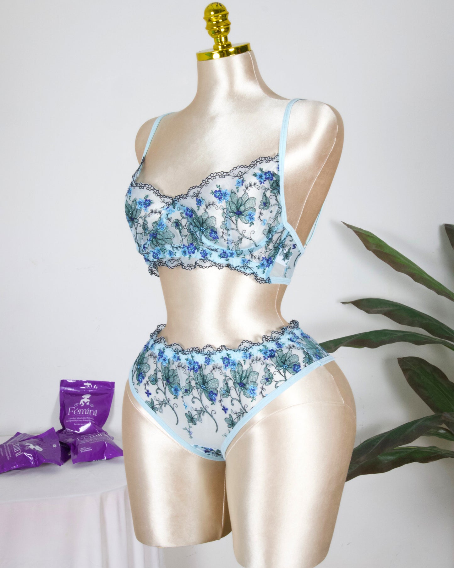 Floral Embroidered Lingerie Set - Powder Blue