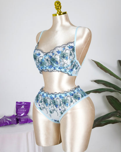 Floral Embroidered Lingerie Set - Powder Blue