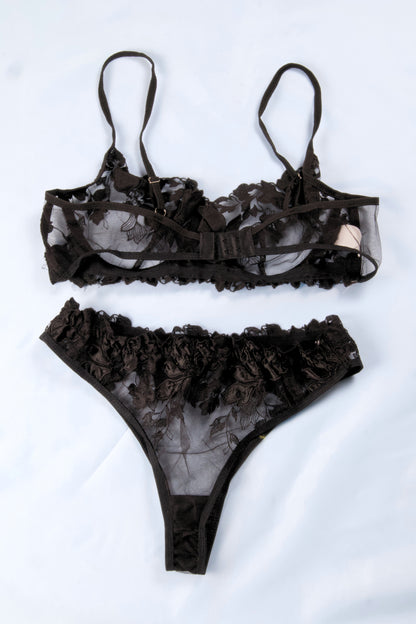 Floral Embroidered Mesh Lingerie Set