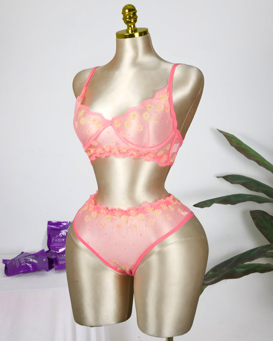 Floral Embroidered Lingerie Set - Rose