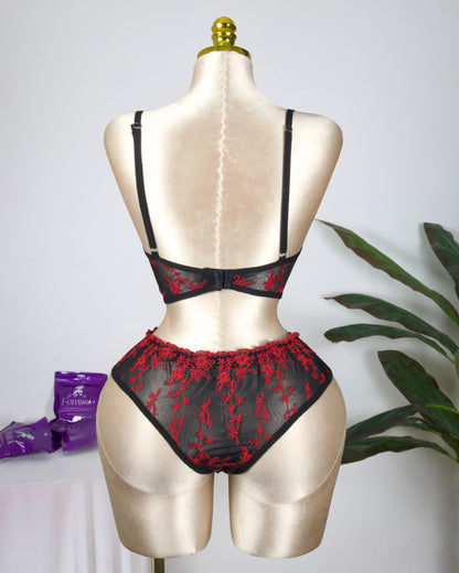 Floral Embroidered Lingerie Set - Red in Black