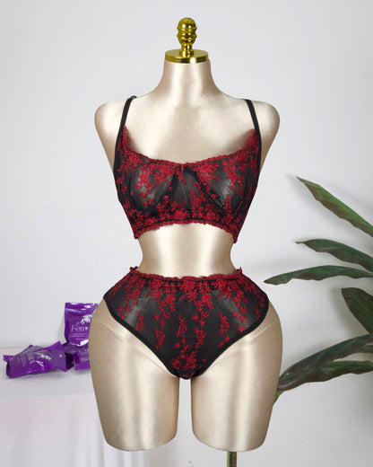 Floral Embroidered Lingerie Set - Red in Black