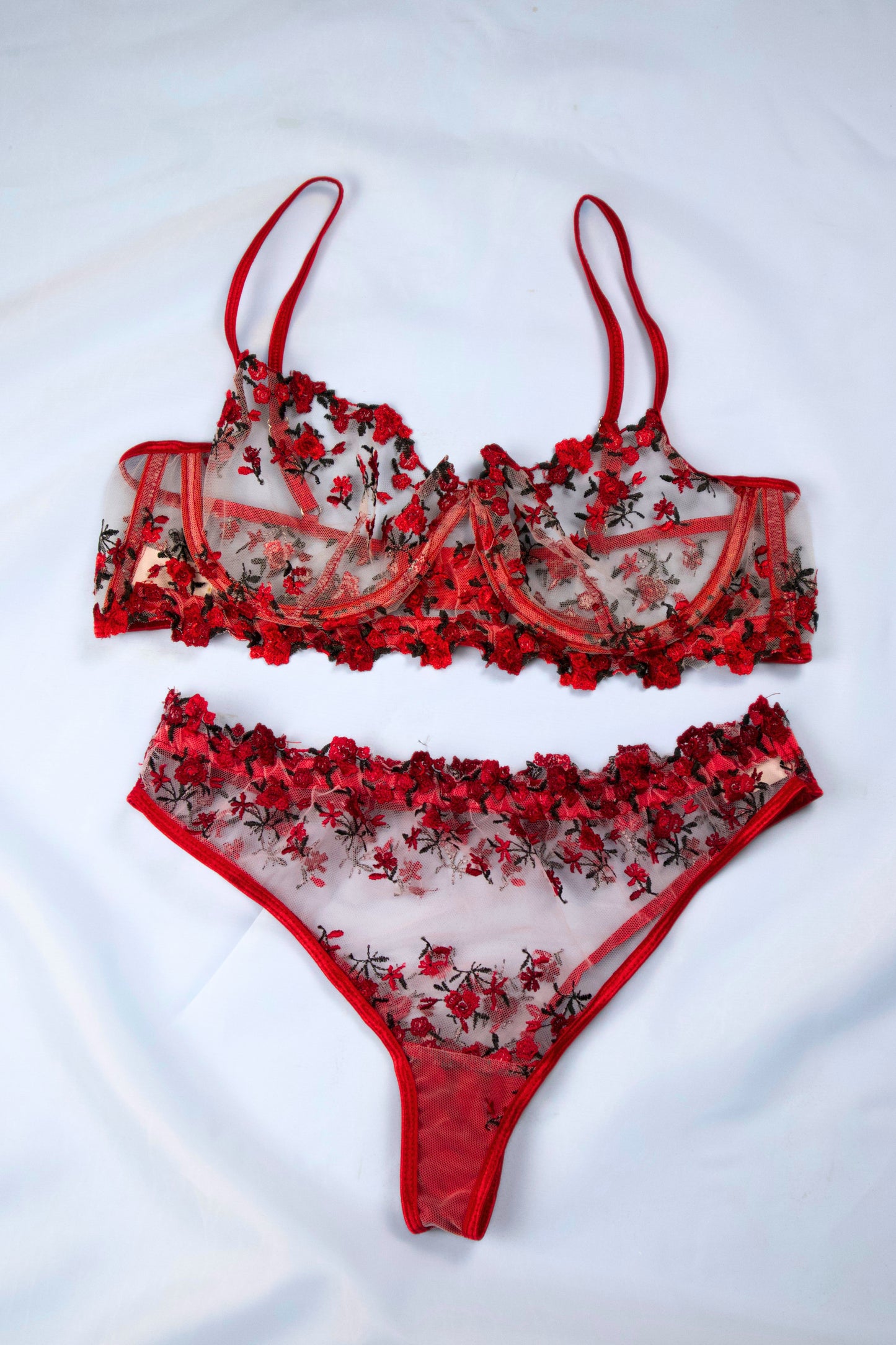 Floral Embroidered Mesh Lingerie Set