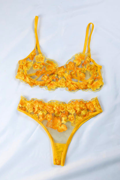 Floral Embroidered Mesh Lingerie Set