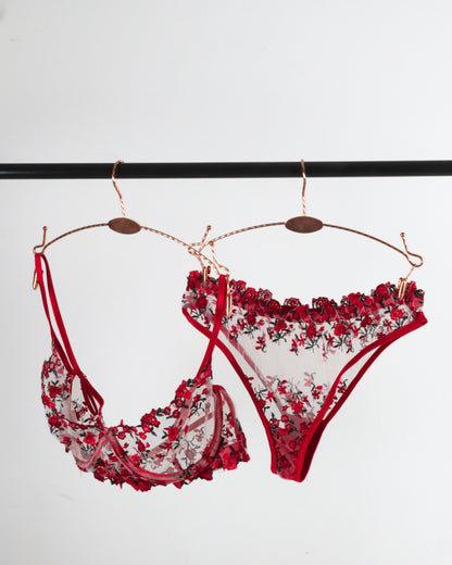 Floral Embroidered Mesh Lingerie Set