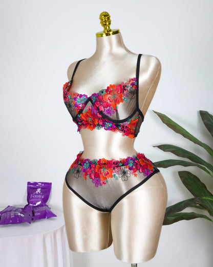 Floral Embroidered Lingerie Set - Colorful Black