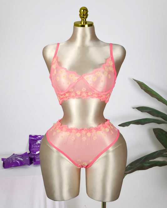 Floral Embroidered Lingerie Set - Rose
