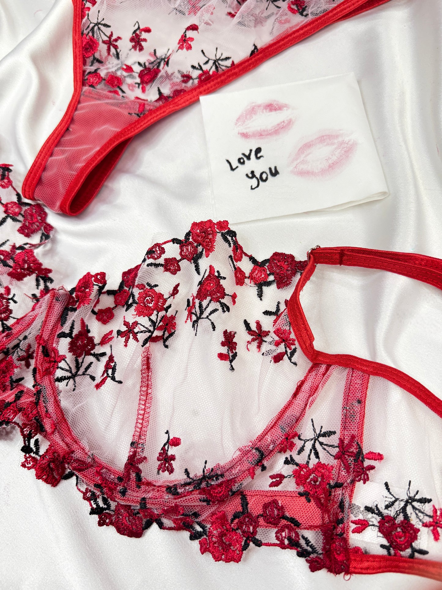 Floral Embroidered Mesh Lingerie Set