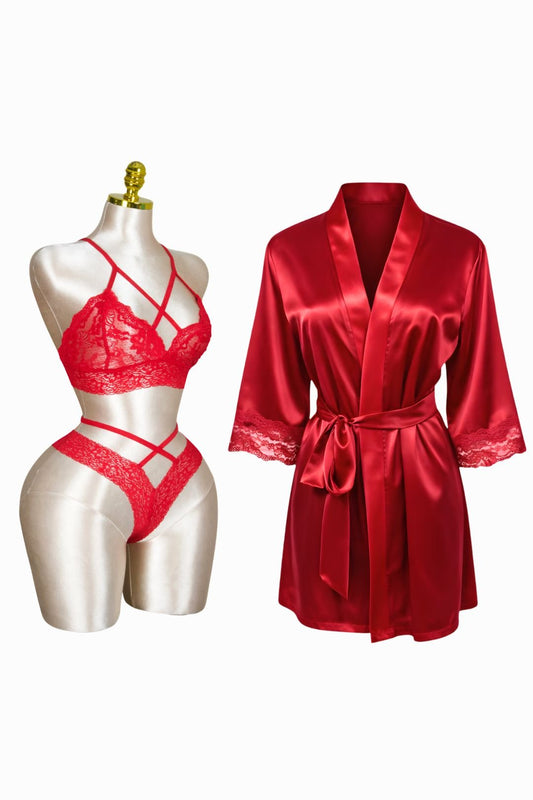 طقم لانجري دانتيل بسترابي مع روب ستان للعروسة صورة المنتج الرئيسية